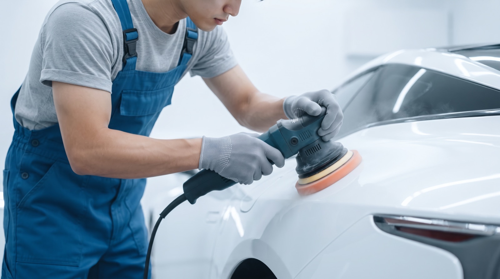 ポリッシャーで白い車のボディを磨く、カーコーティングの施工イメージ